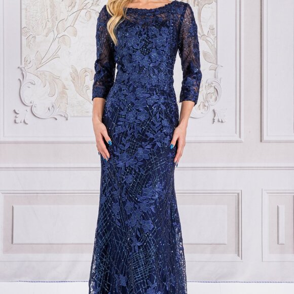 Formal dress. Navy blue mother of the bride beaded bridesmaid 3/4 sleeve gown